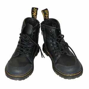 DR MARTENS Kids Black Leather‎ Boots Yellow Stitching Lace-Up |Child Size 8